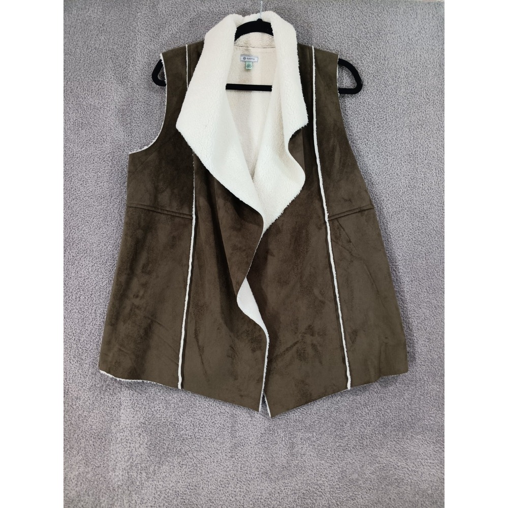 Susina Sherpa Faux Suede Vest Women's L Brown Open Front Waterfall